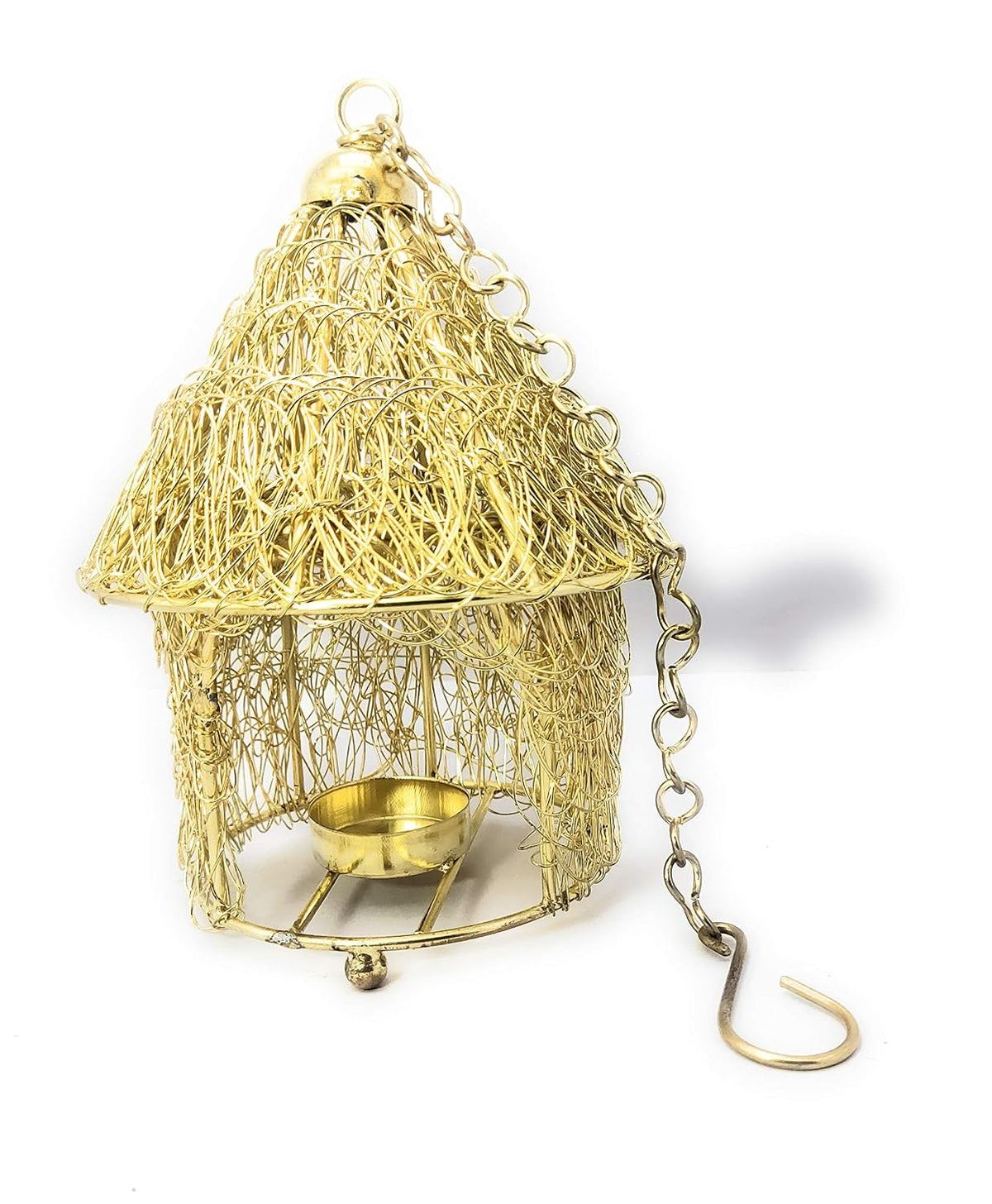 Iron hut shaped hanging tealight candle holder with golden finish-artycraftz.com