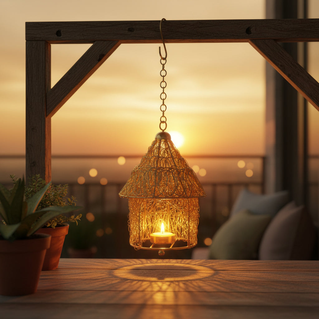 Iron hut shaped hanging tealight candle holder with golden finish-artycraftz.com