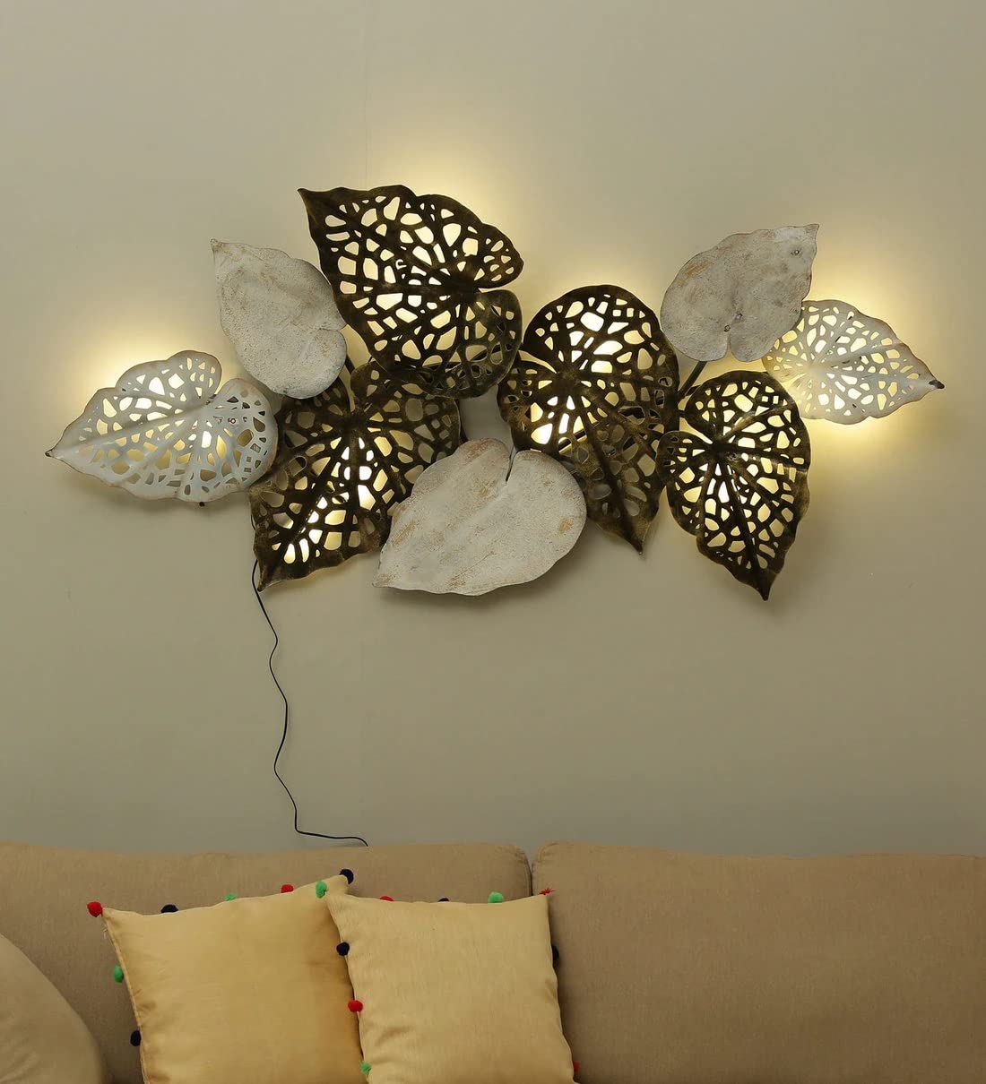 Iron leaf wall art with LED lights measuring 58 x 30 inches - ArtyCraftz.com