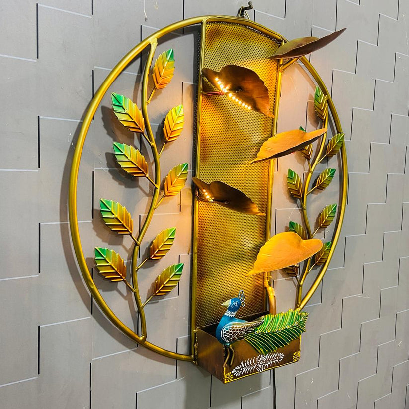 Iron wall water fountain with peacock, birds and leaf design-ArtyCraftz.com