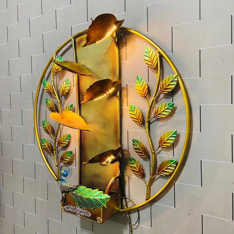 Iron wall water fountain with peacock, birds and leaf design-ArtyCraftz.com