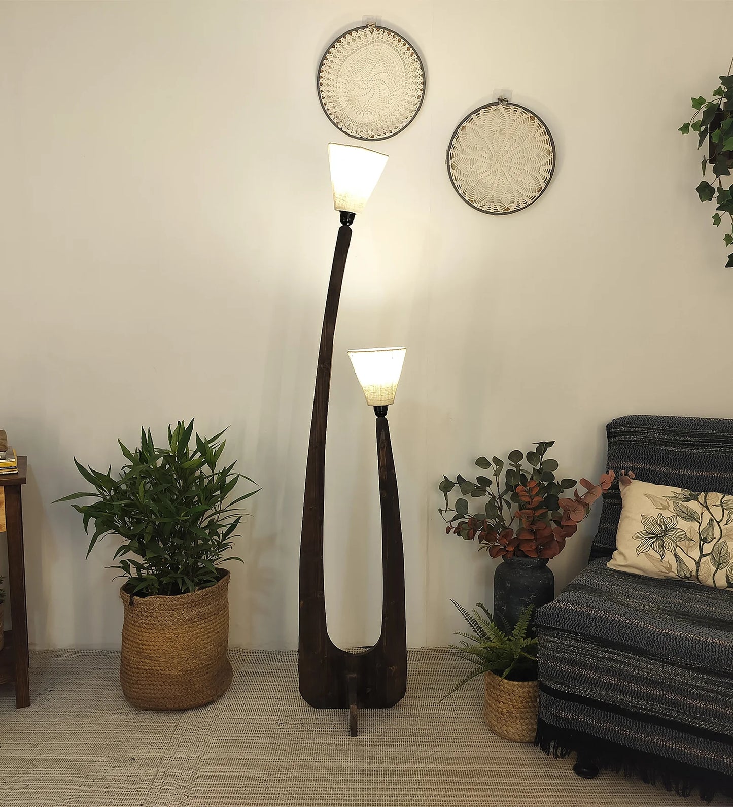 Jasper Wooden Floor Lamp with Brown Base and Beige Fabric Lampshade - ArtyCraftz.com