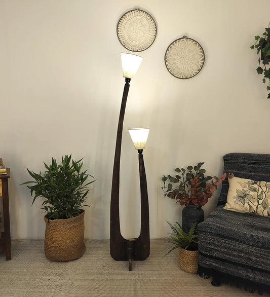 Jasper Wooden Floor Lamp with Brown Base and Beige Fabric Lampshade - ArtyCraftz.com