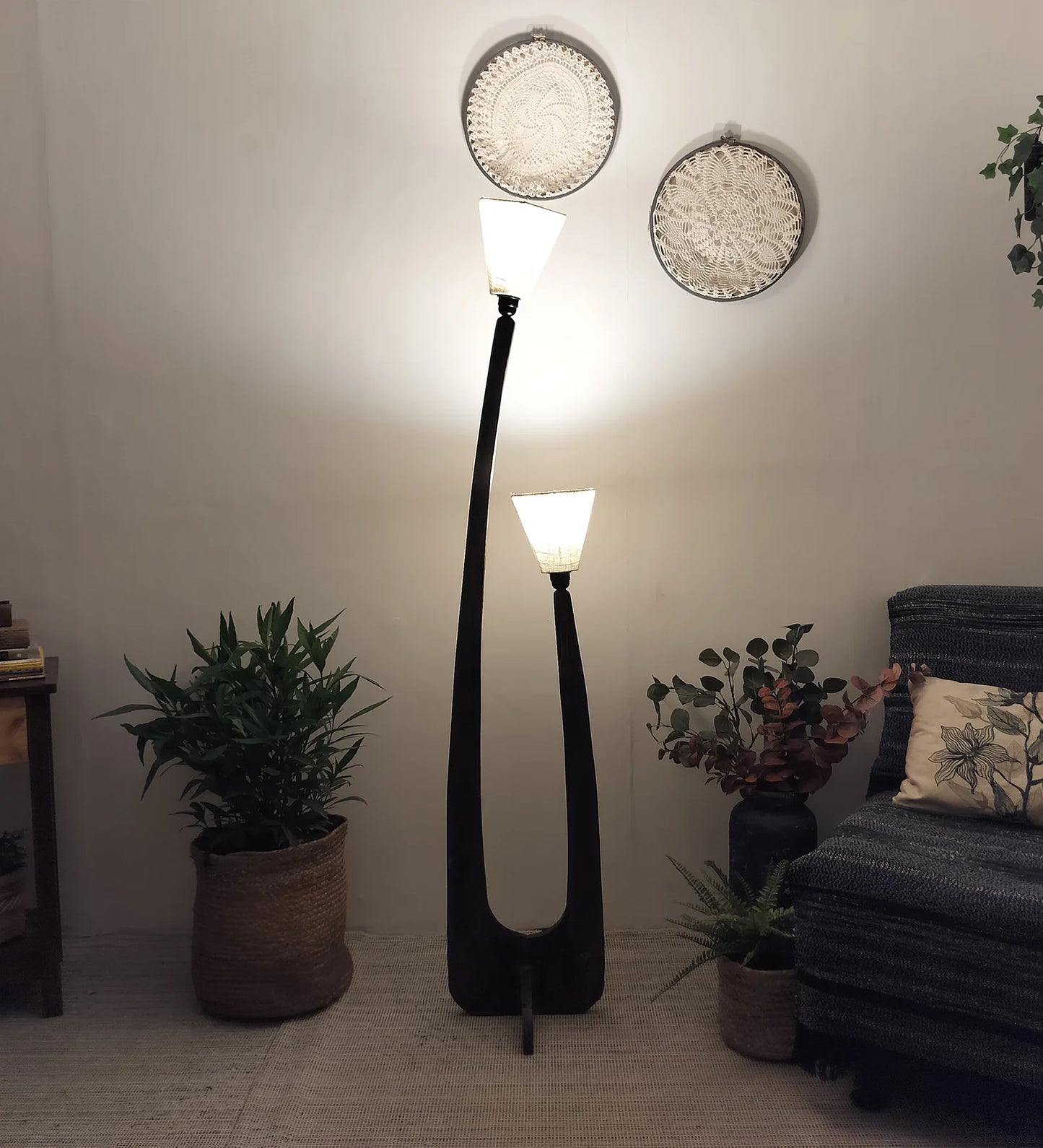 Jasper Wooden Floor Lamp with Brown Base and Beige Fabric Lampshade - ArtyCraftz.com