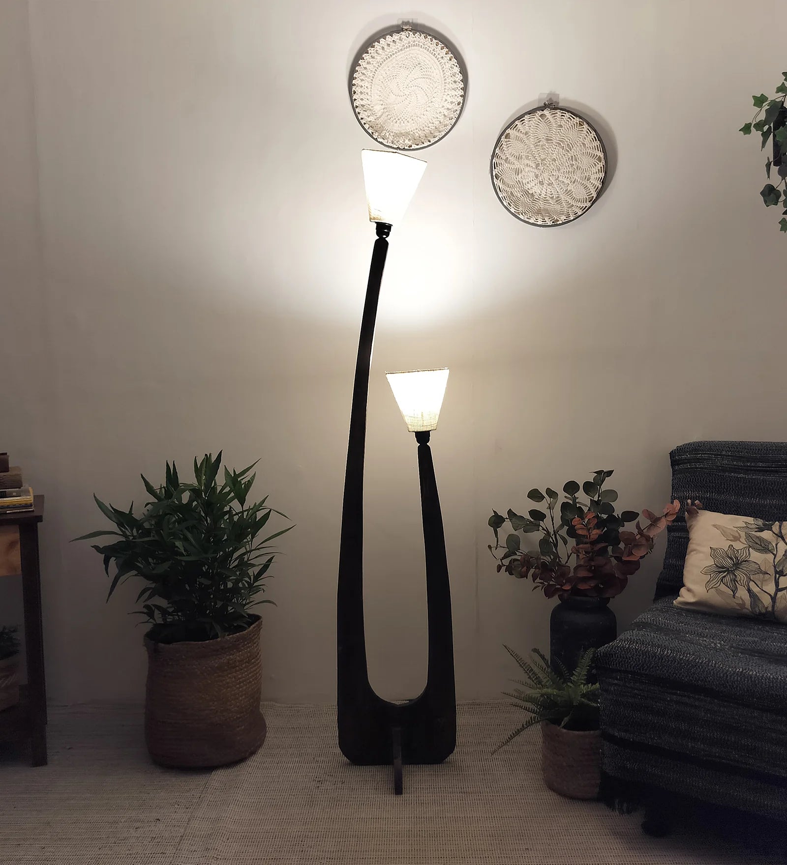 Jasper Wooden Floor Lamp with Brown Base and Beige Fabric Lampshade - ArtyCraftz.com