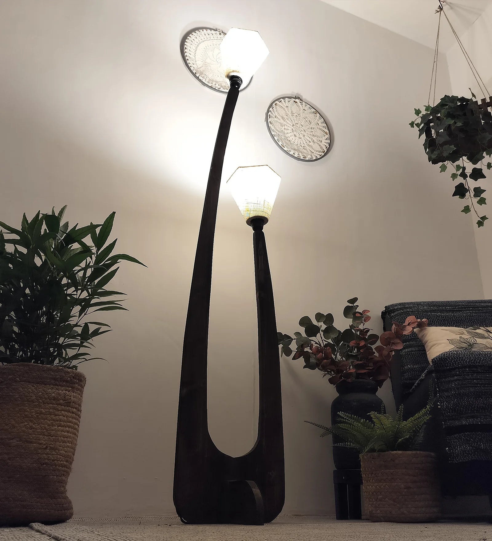 Jasper Wooden Floor Lamp with Brown Base and Beige Fabric Lampshade - ArtyCraftz.com