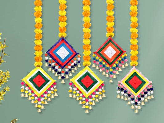 Jeevan Handicrafts Artificial Marigold Fluffy Flowers Colorful Woolen Kite Bells Hanging (44 Inches Height Approx. Pack of 5) - ArtyCraftz.com