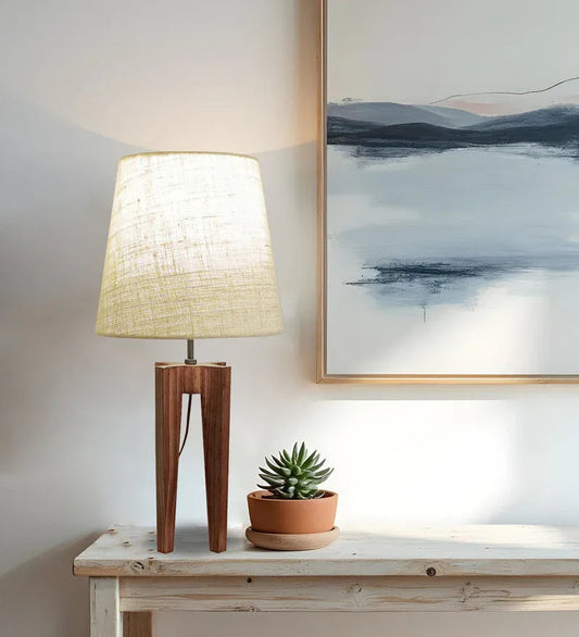 Jet Brown Wooden Table Lamp with White Fabric Lampshade-ArtyCraftz.com