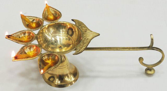 Brass Panchmukhi Long Handle Aarti/Jyoti,Table Diya Home Temple use11.6*7*4.1 Inches - ArtyCraftz.com