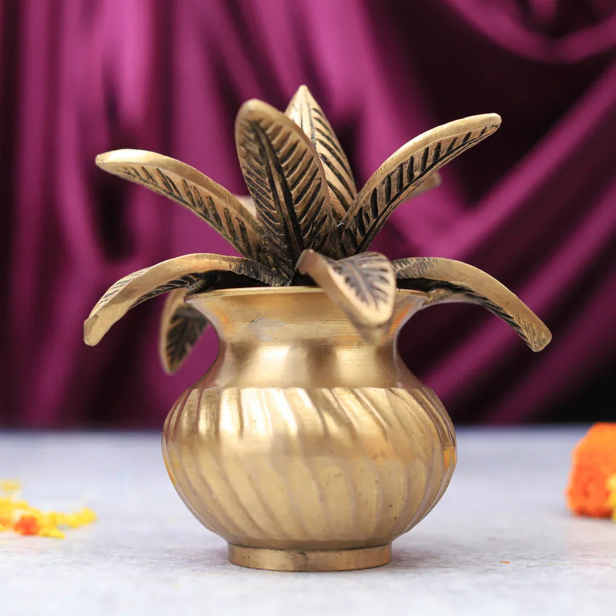 Brass Mangal Kalash with Mango Leaves