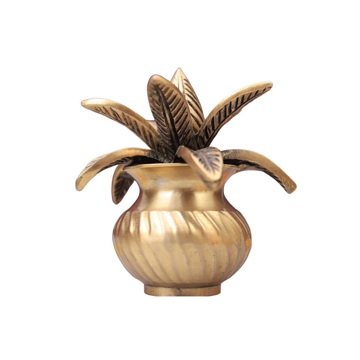 Brass Mangal Kalash with Mango Leaves Front View