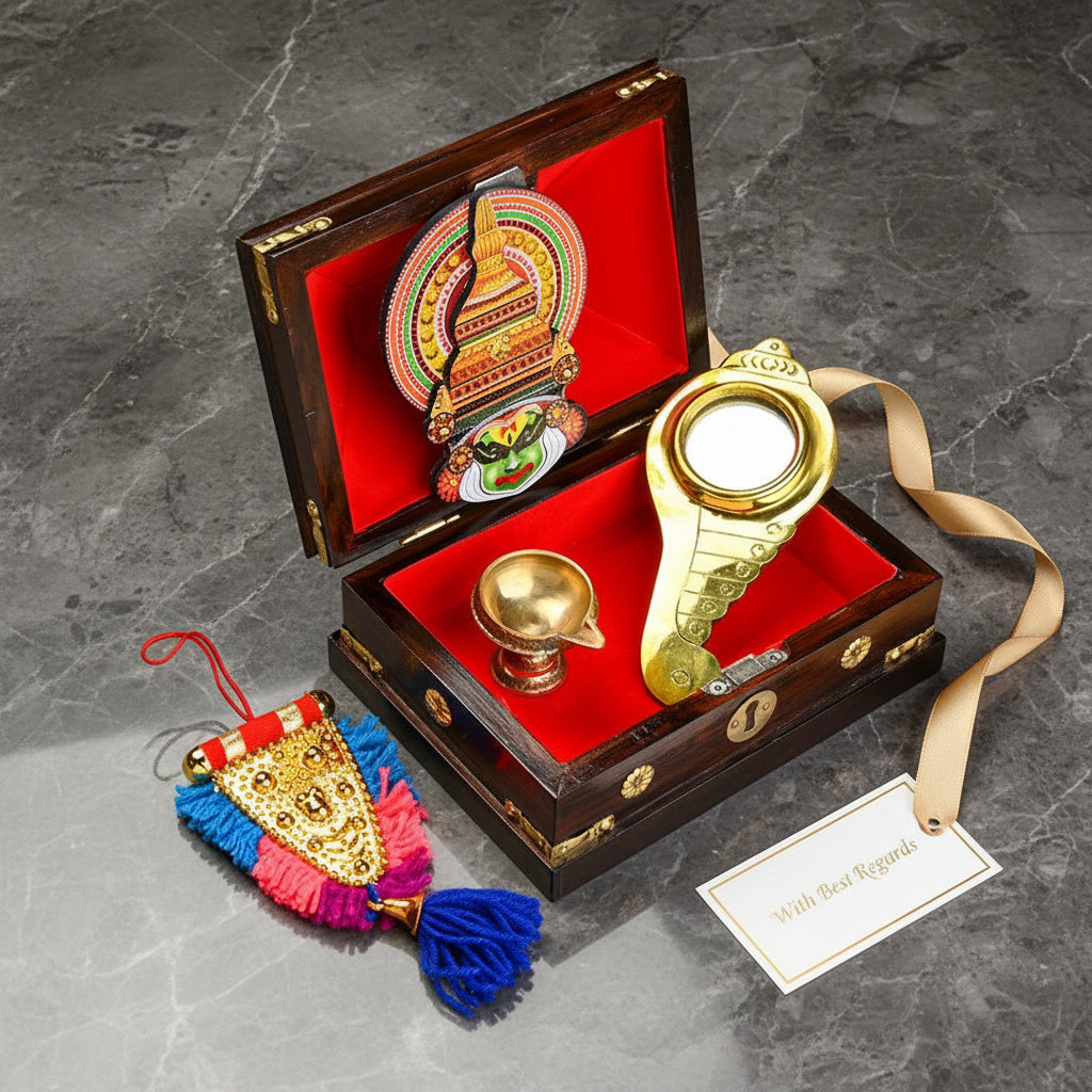 Kerala Souvenir Gift Box with Brass Mirror & Kuber Diya