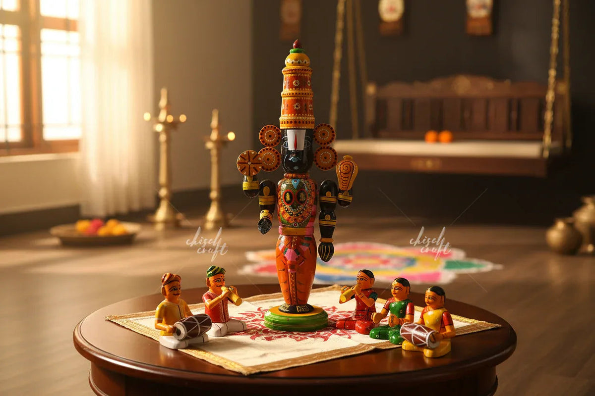 Kondapalli Handpainted Wooden Balaji Idol with Devotional Musicians Figurines - Natural Dye Lacware Andhra Pradesh-ArtyCraftz.com