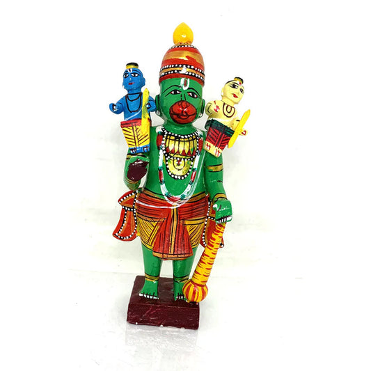 Kondapalli Wooden Hanuman with Rama and Lakshman-ArtyCraftz.com