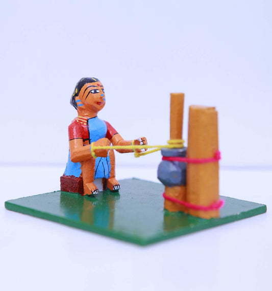 Kondapalli Wooden Sitting Toy- Lady Making Butter |Size -(5X5X3.5) Inches - ArtyCraftz.com