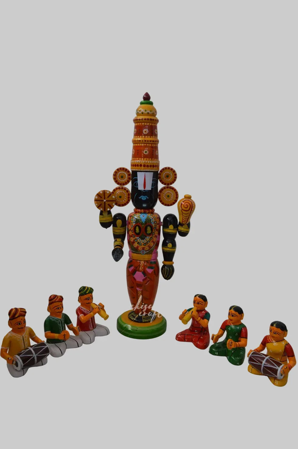 Kondapalli Wooden Venkateshwara Swamy Idol 18 Inch with 6 Folk Musicians 5 Inch - GI Tagged Andhra Craft Set- ArtyCraftz.com
