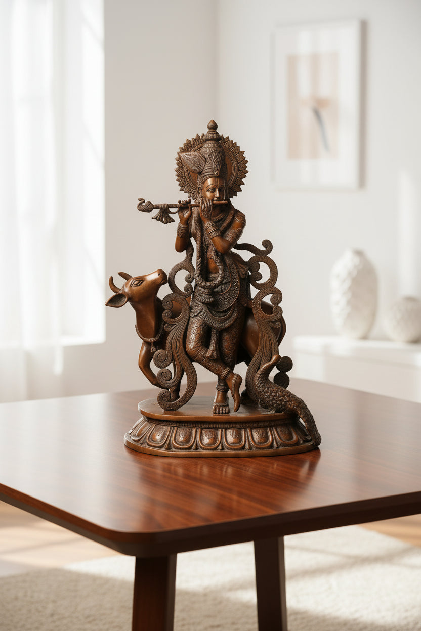 Krishna Playing Flute with Cow and Peacock 21 Inches Statue- ArtyCraftz.com