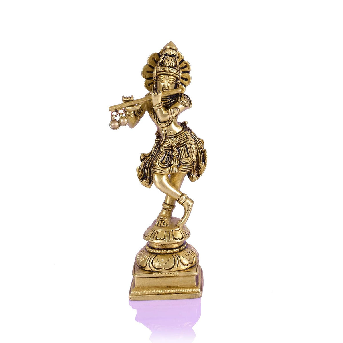 Krishna playing flute brass idol with ornate pedestal-artycraftz.com