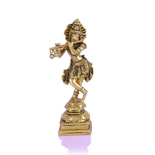 Krishna playing flute brass idol with ornate pedestal-artycraftz.com