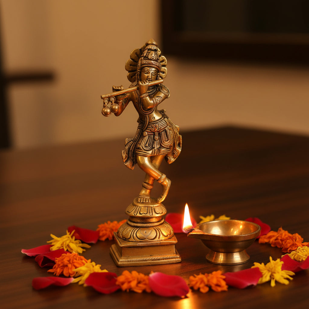 Krishna playing flute brass idol with ornate pedestal-artycraftz.com