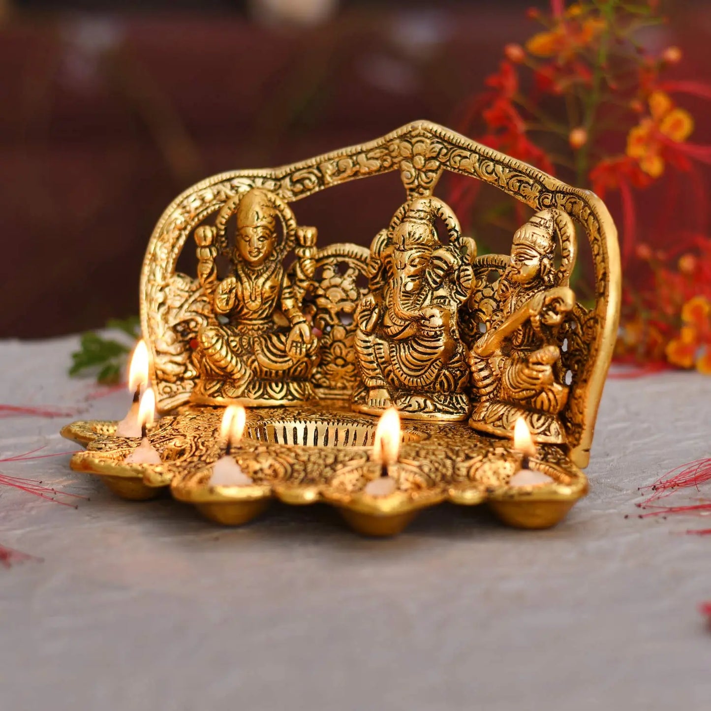 Lakshmi Ganesha Saraswati Idol with 5 Diya – Antique Gold Metal Decor - ArtyCraftz.com