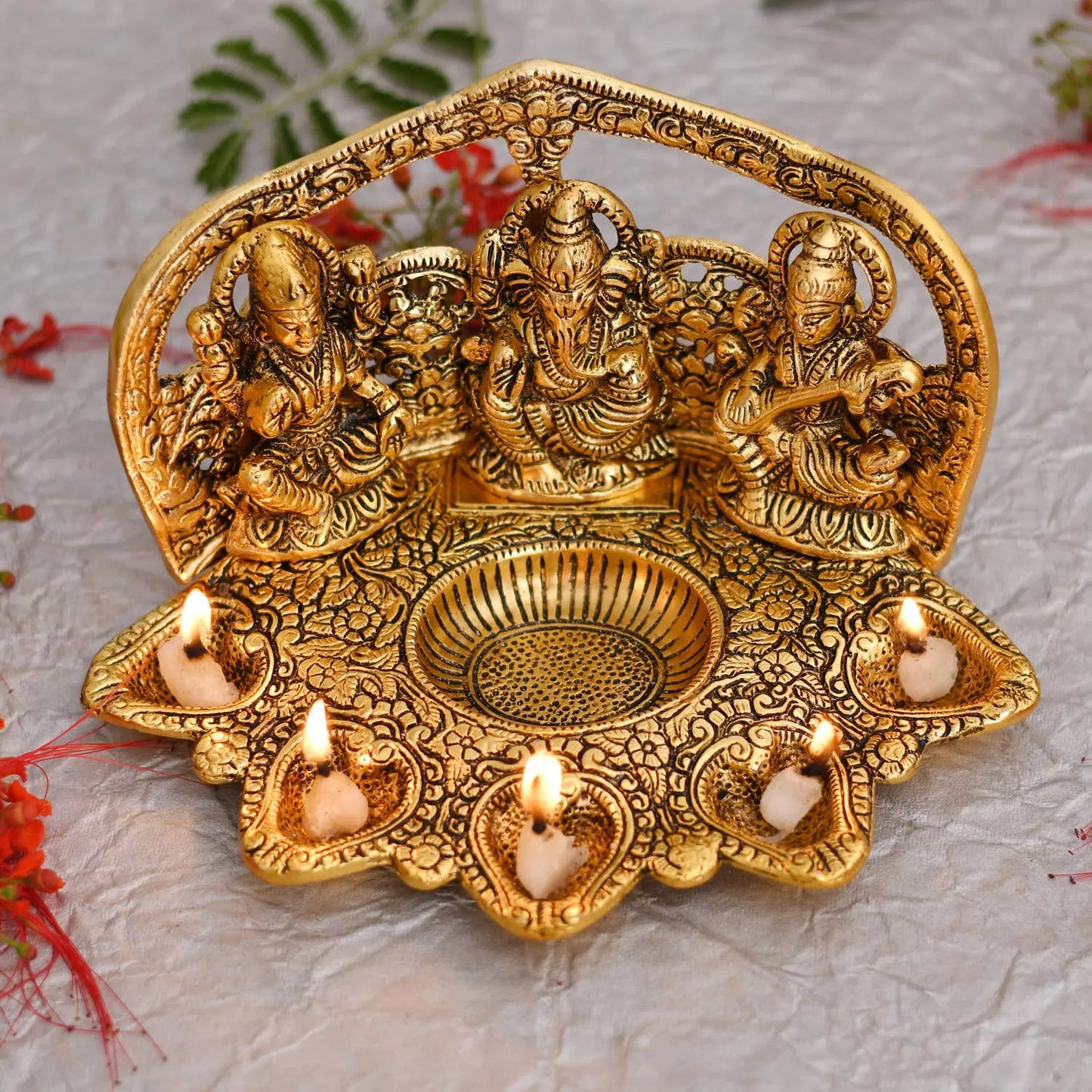 Lakshmi Ganesha Saraswati Idol with 5 Diya – Antique Gold Metal Decor - ArtyCraftz.com