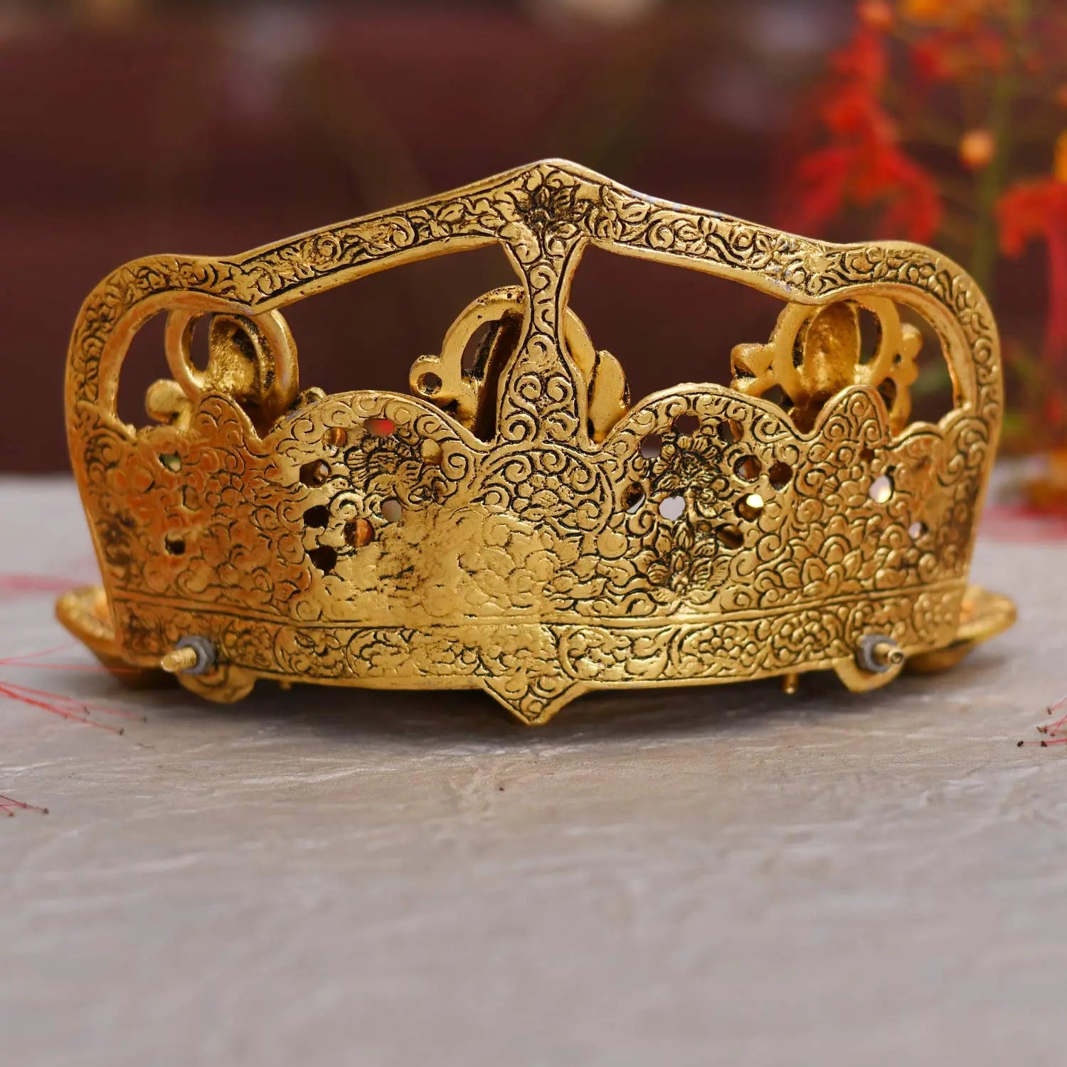 Lakshmi Ganesha Saraswati Idol with 5 Diya – Antique Gold Metal Decor - ArtyCraftz.com