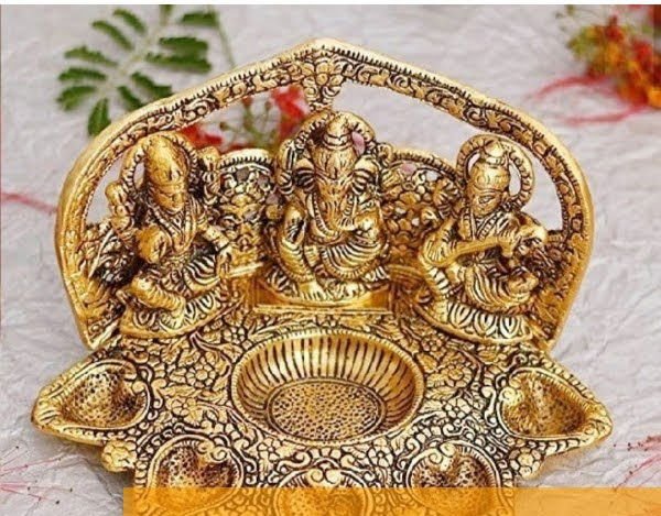 Lakshmi Ganesha Saraswati Idol with 5 Diya – Antique Gold Metal Decor - ArtyCraftz.com