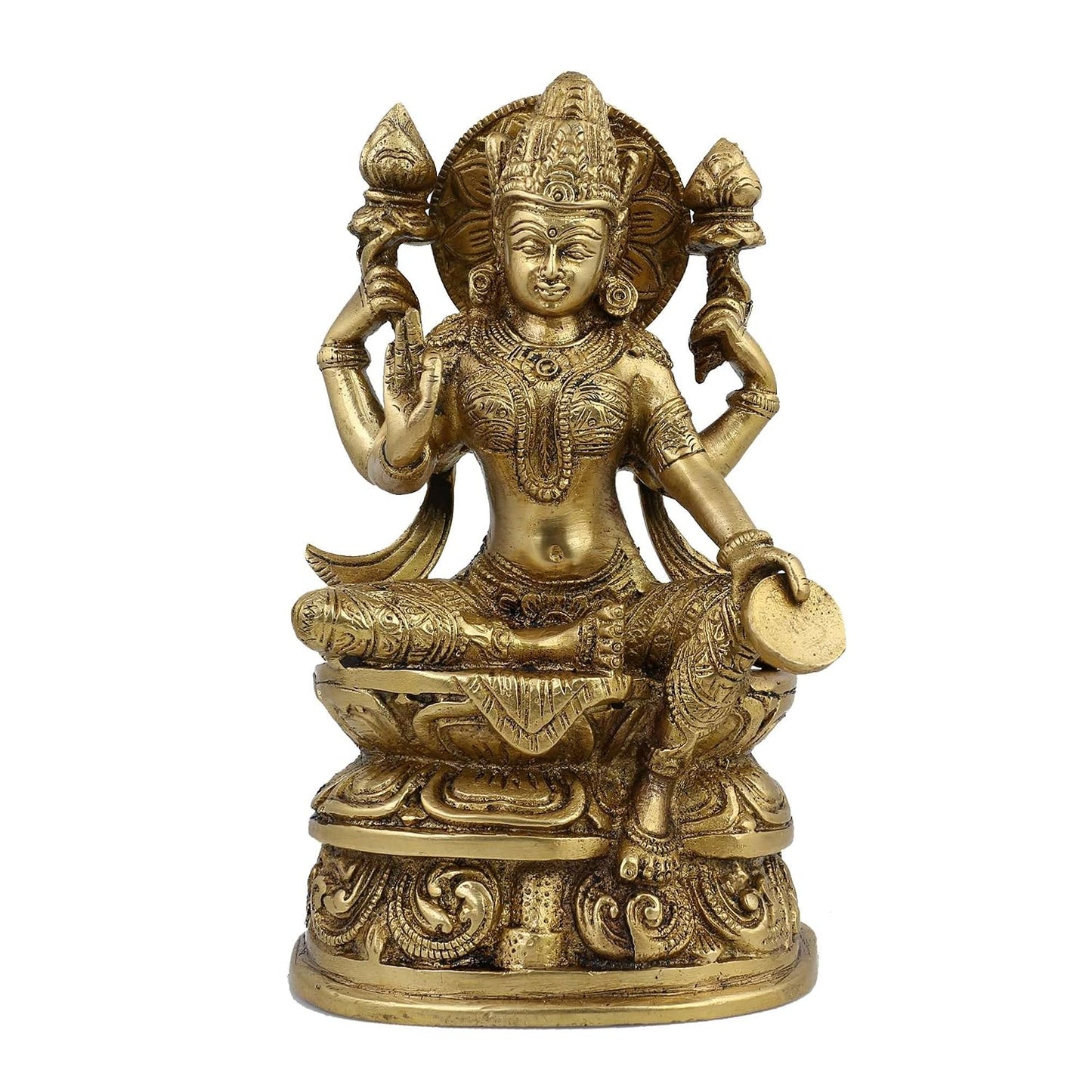 Lakshmi brass statue with detailed traditional design and decorative base-ArtyCraftz.com