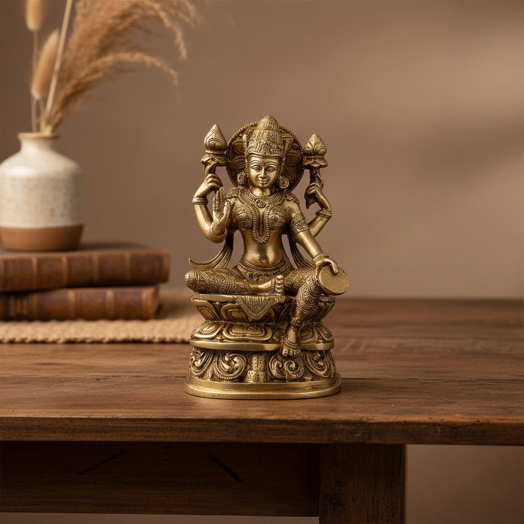 Lakshmi brass statue with detailed traditional design and decorative base-ArtyCraftz.com