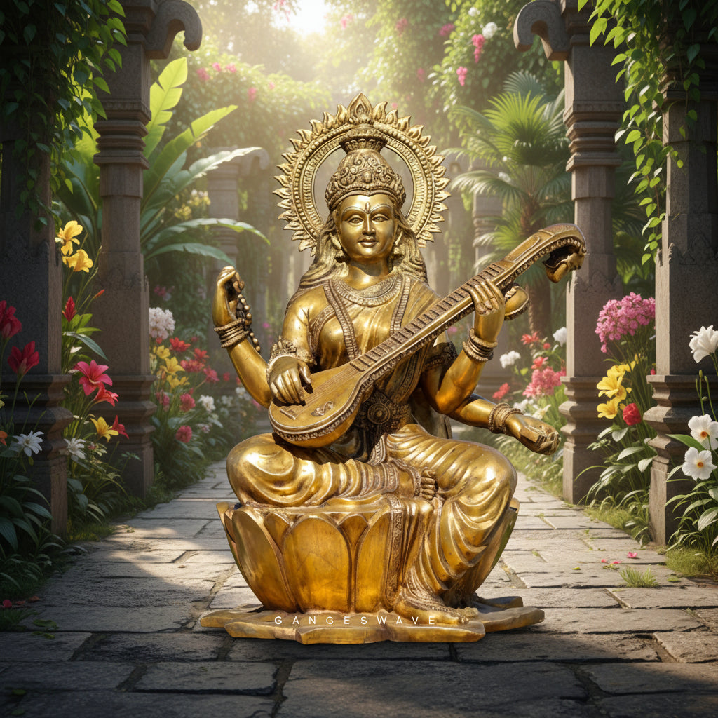 Giant Handcrafted Brass Goddess Saraswati Statue with Veena-ArtyCraftz.com