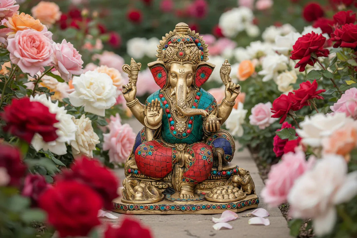 Large Brass Ganesh Idol with Stone Work – Multicolor Ganpati Statue (12.3 Inches)-ArtyCraftz.com