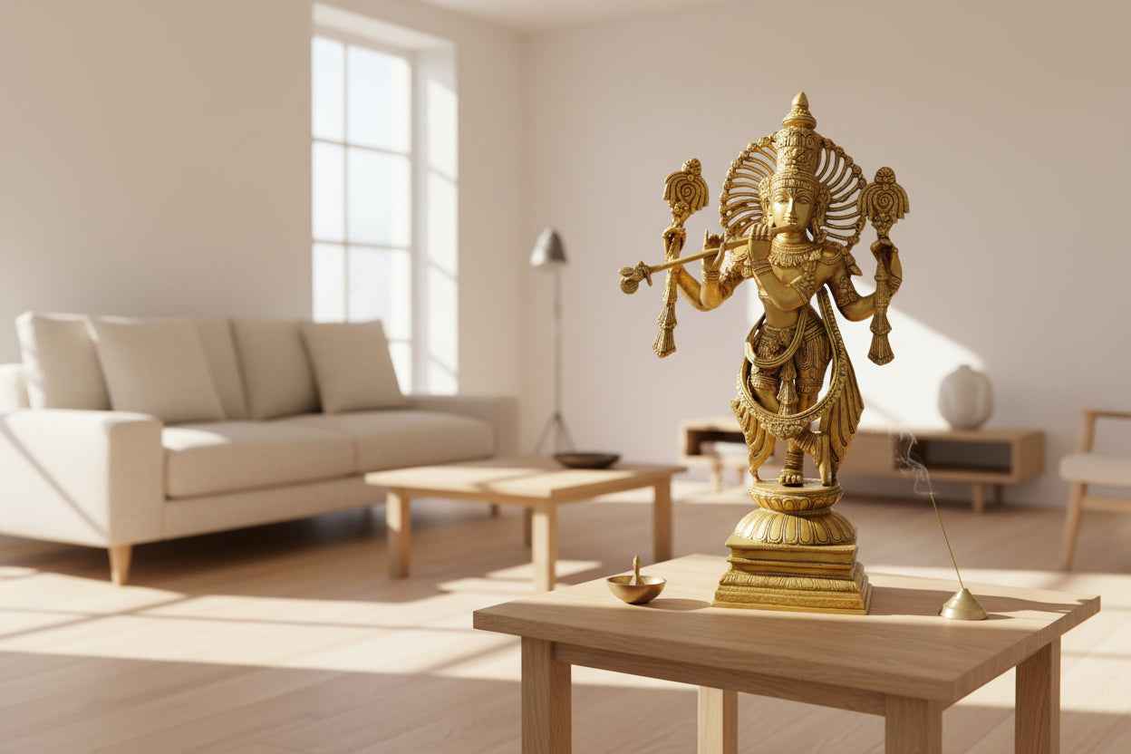 Large Brass Lord Krishna Playing Flute Idol – 24 Inch Venugopala Statue