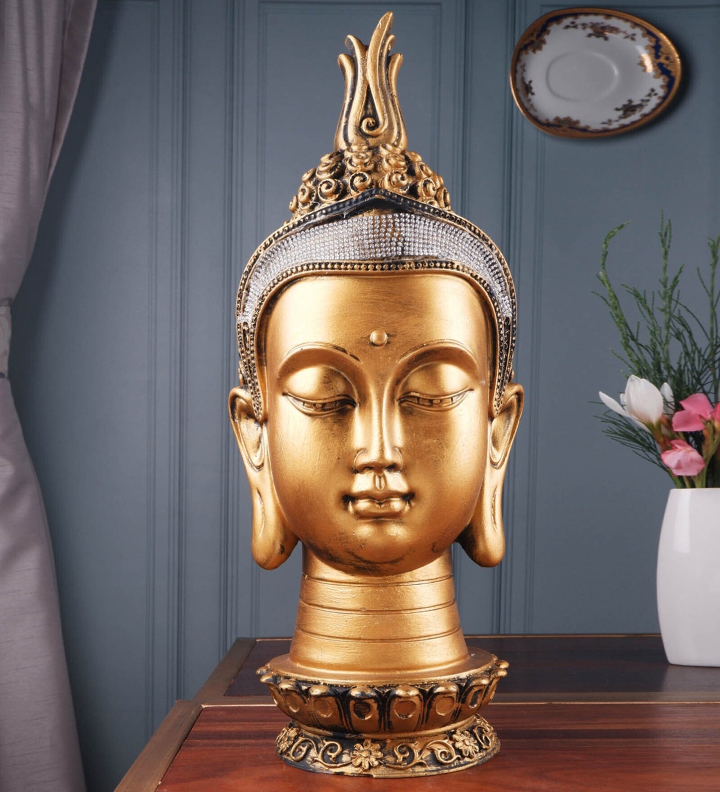 Large Resin Golden Buddha Head Statue 15 Inch