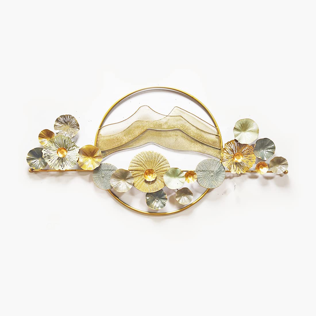 Large floral mountain-inspired metal wall art with gold and silver flowers and circular frame-ArtyCraftz.com