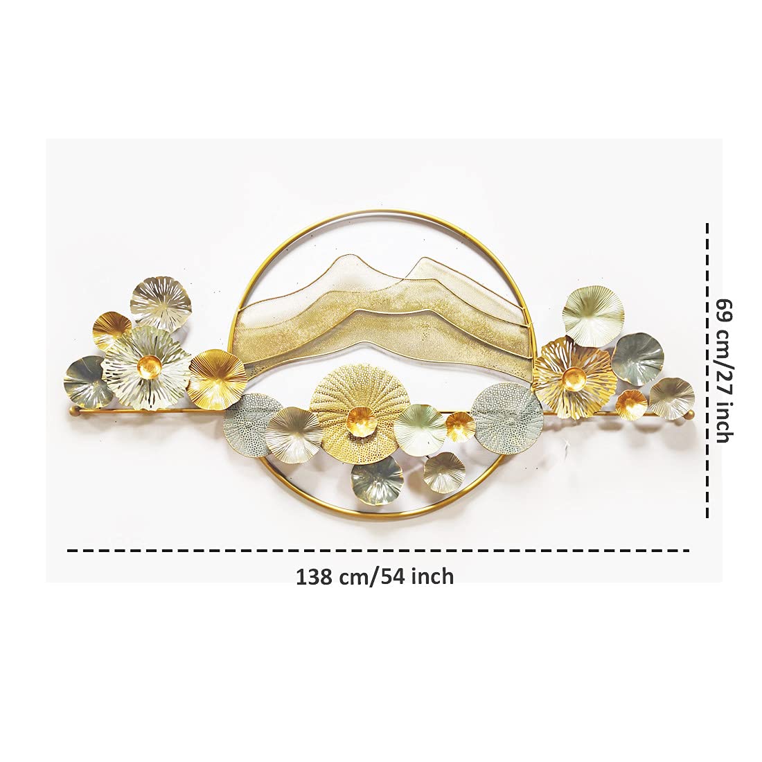 Large floral mountain-inspired metal wall art with gold and silver flowers and circular frame-ArtyCraftz.com