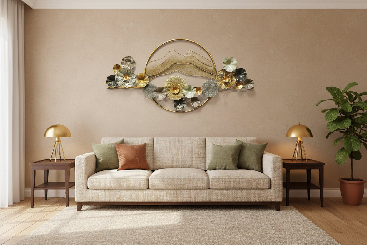 Large floral mountain-inspired metal wall art with gold and silver flowers and circular frame-ArtyCraftz.com