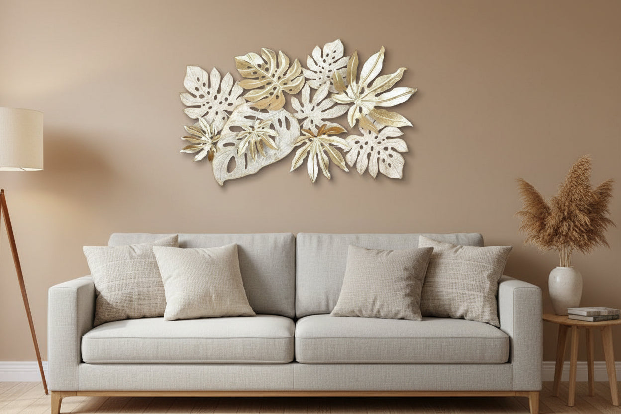 Large gold and white iron floral leaf wall art for living room decor- ArtyCraftz.com
