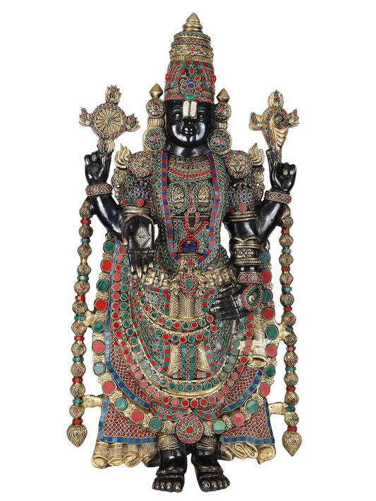 Large handcrafted Brass Tirupati Balaji Venkateswara Swamy statue with multicolor stone work MAin View-ArtyCraftz.com
