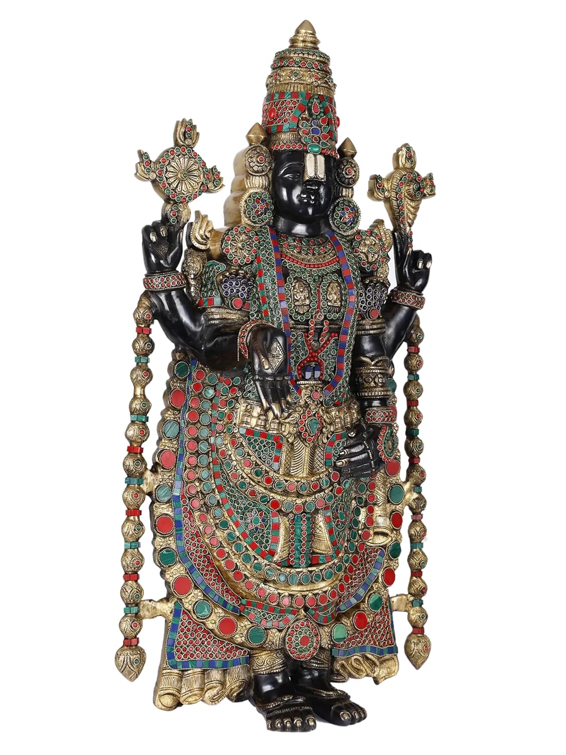 Large handcrafted Brass Tirupati Balaji Venkateswara Swamy statue with multicolor stone work Left View-ArtyCraftz.com