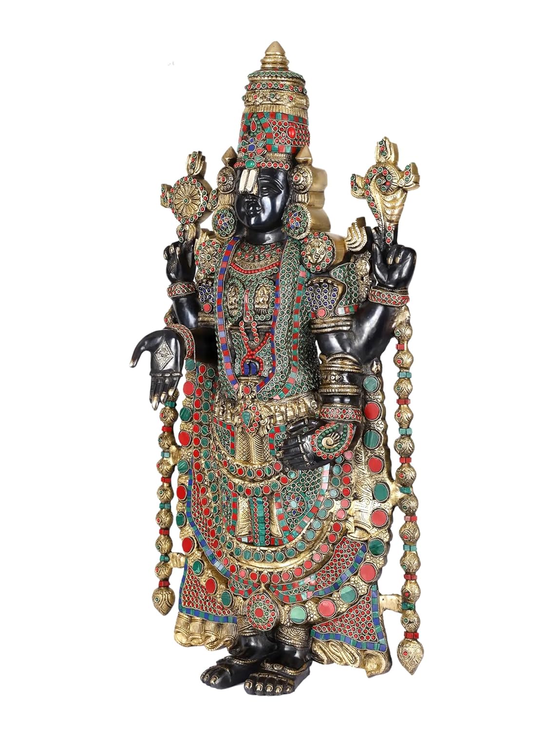 Large handcrafted Brass Tirupati Balaji Venkateswara Swamy statue with multicolor stone work Right View-ArtyCraftz.com