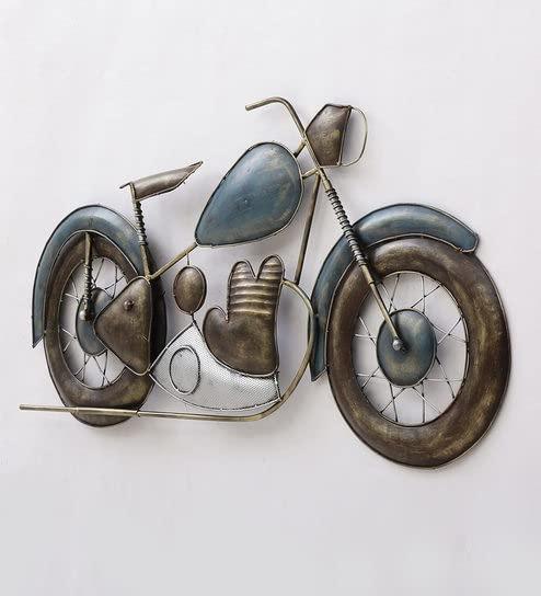 Large handcrafted vintage motorcycle iron wall art with antique blue and bronze finish for home and office decor-ArtyCraft.com