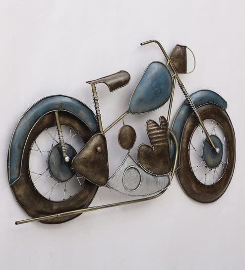 Large handcrafted vintage motorcycle iron wall art with antique blue and bronze finish for home and office decor-ArtyCraft.com