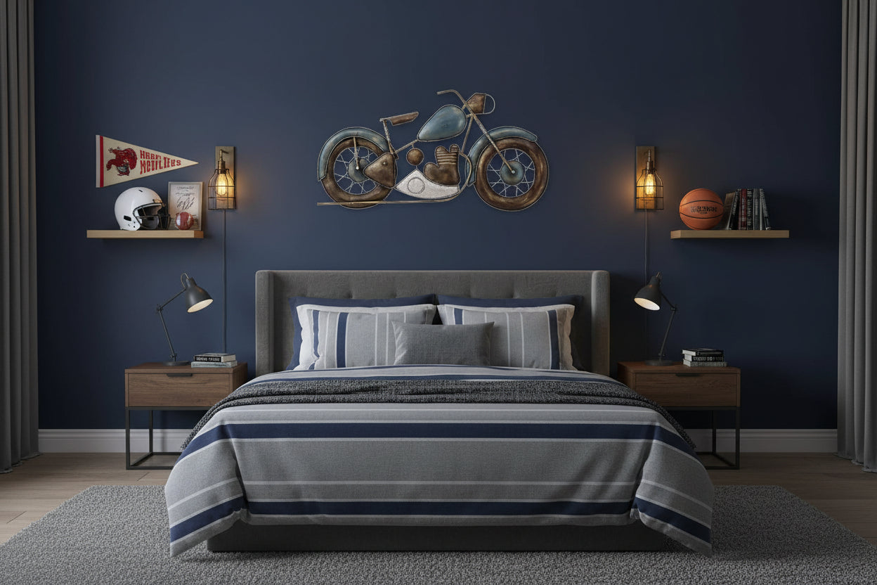 Large handcrafted vintage motorcycle iron wall art with antique blue and bronze finish for home and office decor-ArtyCraft.com
