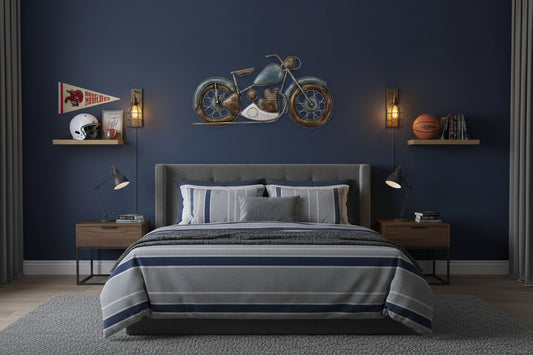 Large handcrafted vintage motorcycle iron wall art with antique blue and bronze finish for home and office decor-ArtyCraft.com