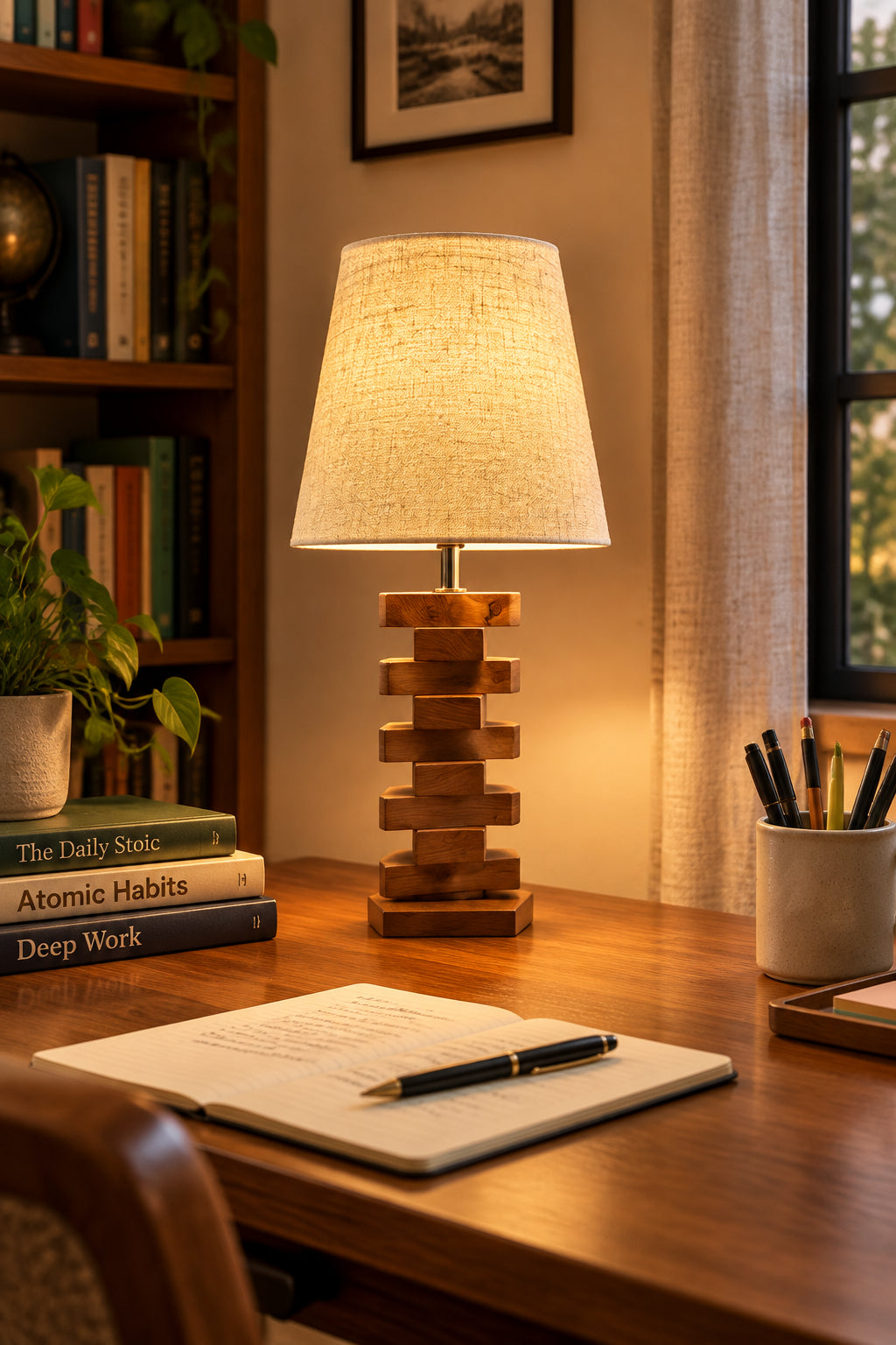 Stacked Wooden Block Table Lamp with Fabric Linen Shade-artycraftz.com