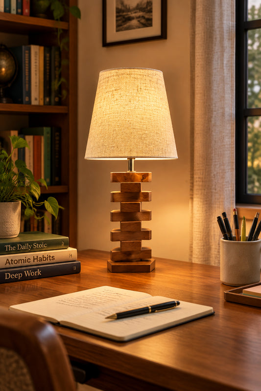 Stacked Wooden Block Table Lamp with Fabric Linen Shade-artycraftz.com