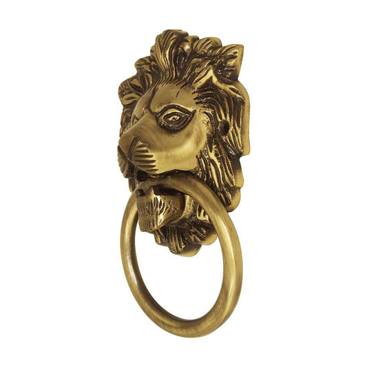 Lion Face Brass Door Knocker (Antique, 5 Inch Face) - ArtyCraftz.com