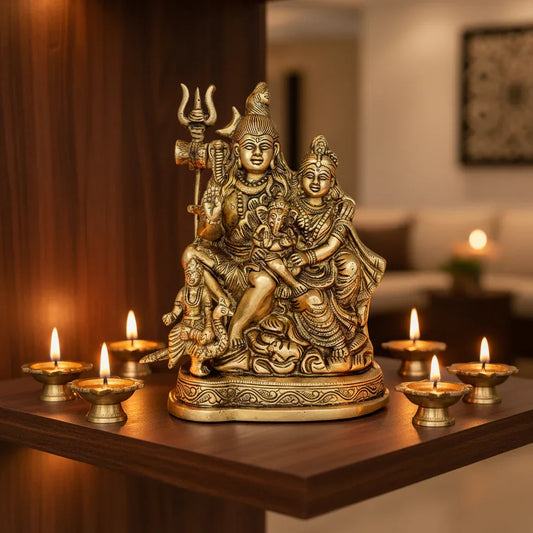Handcrafted 7.75-inch solid brass Shiv Parivar idol — Lord Shiva, Goddess Parvati, Ganesha and Kartikeya complete divine family seated together with trishul, crescent moon and peacock — ArtyCraftz