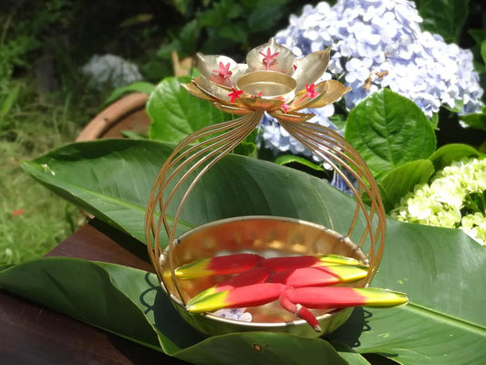 Inside the bowl float colorful lotus-shaped candles and scattered rose petals.